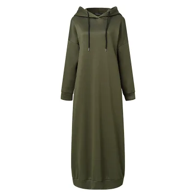 Women's Solid Large Size Sweater Sweatshirt String Hoodie Hooded Long Dress Europe America Middle East Dubai Plush Dress