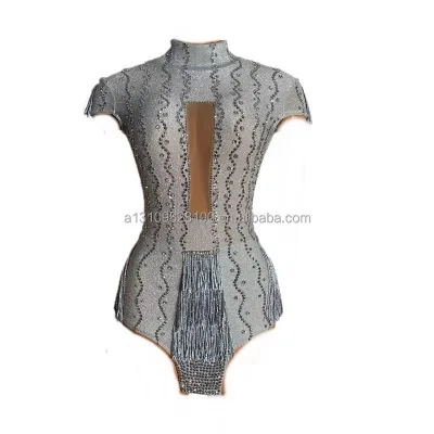 Silver Chest Hollowed Out Full Diamond Sexy Tight Fitting Elastic Tassel Short Jumpsuit Stage Host Party Performance Costume