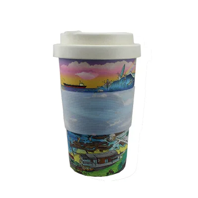 Custom Printed Reusable Eco Friendly Bamboo Fiber Melamine Plastic Coffee Cup Travel Mug with Lid and Insulated Sleeve
