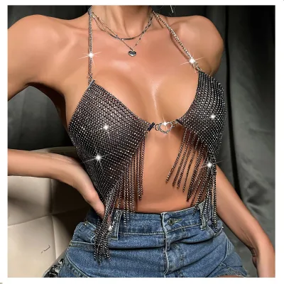 Women Clubwear Fringe Black Rhinestone Mesh Crop Cami Top Diamante Heart Charm Metal Chain Tassel Halter Neck Camisole Top