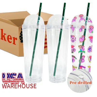 Christmas Cold Cup 24oz Pre Drilled Snow Globe Double Walled Reusable Transparent Cups Reusable Plastic Cups with Lid And Straw