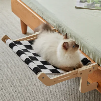 Washable Canvas Pet Dog Cat Hammock Wood Cat Hammocks Comfortable Wooden Elevated Pet Bed
