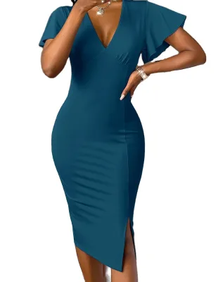OEM/ODM Plunging Neck Flutter Sleeve Slit Hem Bodycon Dress Elegant Casual Dresses for Lady