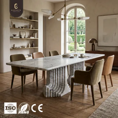 Custom Marble Dining Table with Natural Marble Top and Carved Fluted Marble Column Base for Luxury Villa Dining Room Interior