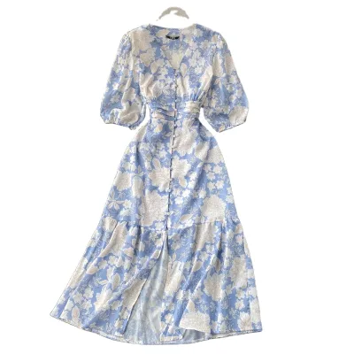 Printed Sexy V-Neck Dress for Women Breasted Waist Slimming Floral Print