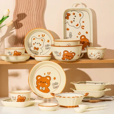 INS Style Good-Looking Cartoon Cute Bear Household Ceramic Bowl Set Dinnerware Sets