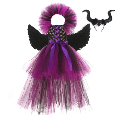 Black Feather Evil Queen Cosplay Outfit Set for Girls Kids Holiday Party Tutu Dress with Horns and Wings Villain Witch Costume