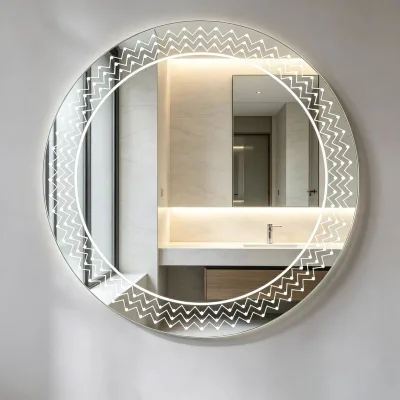 Decorative Round LED Backlit Art Mirror With Unique Carved Pattern Bathroom Vanity Mirror