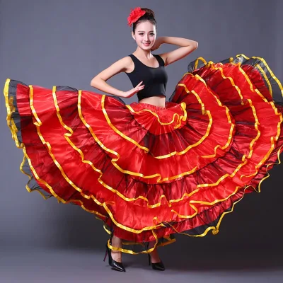 Womens Ballroom Twirling Long Tutu Skirt for Flamenco Belly Dance Performance Halloween Costume