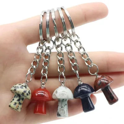 Natural Carved Charms Gemstone Mini Mushroom Keychain Crystal Stone Rose Quartz Mushroom Key Chain