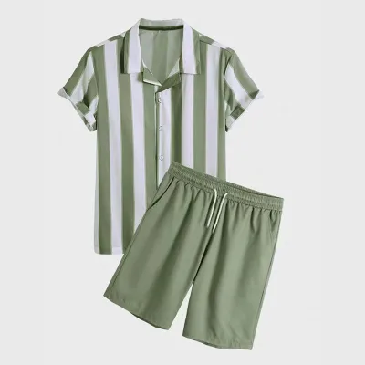 RNSHANGER Men's Striped Short Sleeve Set Hawaiian Casual Button-down Shirt Drawstrings Shorts Streetwear 2 Piece Suit