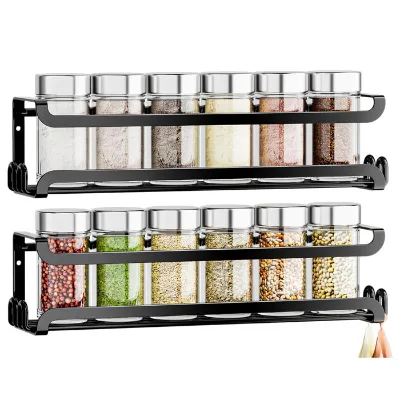 2 Pack Wall Mount Spice Rack for Spice Jar & Seasoning with Hook, Screw or Adhesive Spice Shelf for Kitchen Cabinet Pantry Door