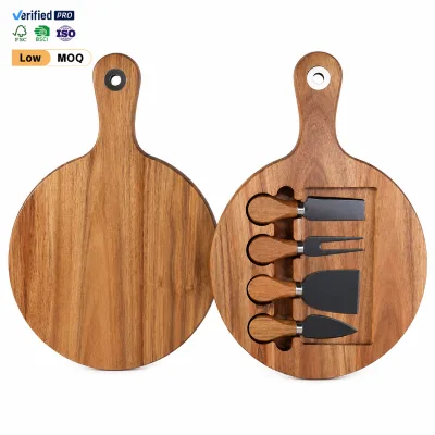 Wholesale Factory Direct Acacia Wood Cheese Board Set with 4pcs Knives Round Charcuterie Board with Handle Bulk