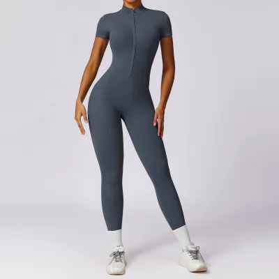 Eco-Friendly Four-Way Stretch Quick Dry Seamless Spaghetti Strap Zipper Short Sleeve Barely There Yoga Jumpsuit for Women