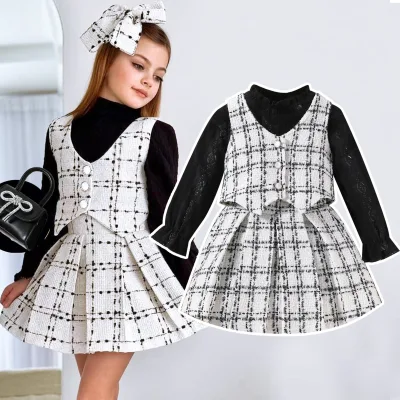 Cross-border Spring/Autumn Girls Set 310 Years Checkered Lace Long Sleeve Undershirt + Vest Waistcoat + Pleated Skirt