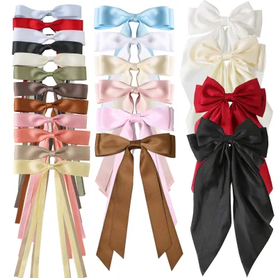 Women's Elegent Decorative Bow Hairgrip Fashionable Pure Color Hair Accessories Long Ribbon Satin Metal Hair Clip Acetate