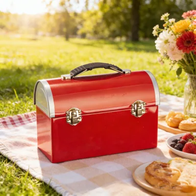 Factory Wholesale Large Capacity Rectangular Tin Lunch Bucket with Metal Handle Red Tin Box for Food Grade Packaging