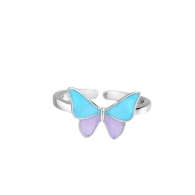 INS Cute Gradient Butterfly Ring 925 Sterling Silver Blue Enamel Butterfly Open Adjustable Ring for Girls