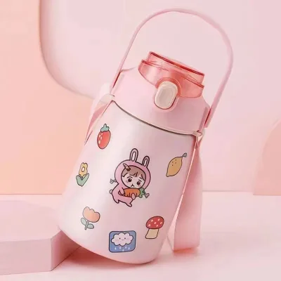 Tummy-Style Kids Insulated Water Bottle-Large Capacity Stainless Steel Cartoon Thermos Straw BPA Free Eco-Friendly 12-24hrs