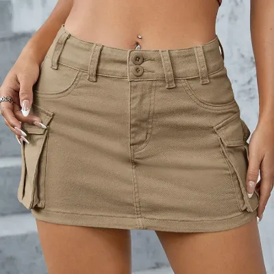 Latest Design Vintage Y2k Cargo Mini Denim Skirts Flap Pocket Low Waist Pleated Skirt