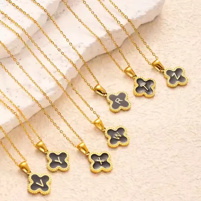 2024 Simple Letter Initial Necklace with Four-leaf Clover Pendant 18K Gold Stainless Steel Trendy Link Chain