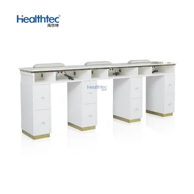 Beauty Nail Salon Equipment Double Nail Gold Plated Process with Storage Nail Table