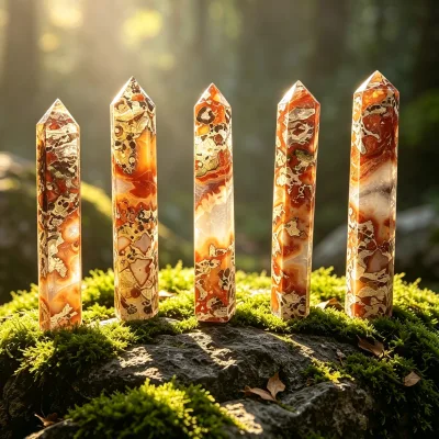 Bulk Wholesale Large Size Wand Polished Natural Stone Money Agate with Quartz Crystal Towers for Healing Decor