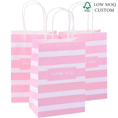 Pink White Stripe Gift Paper Bags Craft Paper Bags With Handles Custom Logo Gift Bags for Wedding Birthday Packaging
