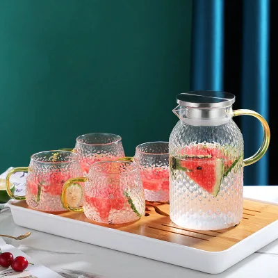 Large Capacity Transparent Borosilicate Glass Water Juice Dispenser Heat-resistant Cold Water Jug Set with Lids Cups for Coffee