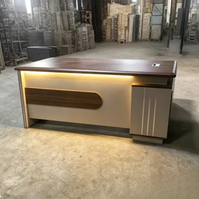Stylish L Shaped Office Executive Table With Embedded LED Lighting Wire Box Side Cabinet for Boss Office General Manager Room