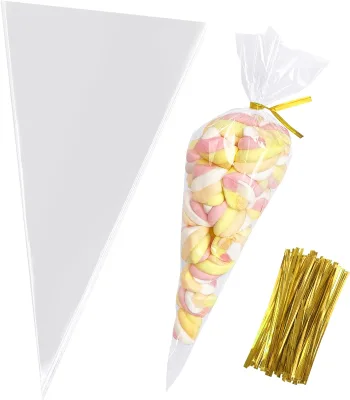100 Per Pack 18cm X37cm Cellophane Treat Triangle Clear Plastic Gift Candy Packaging Cone Bags with Twist Ties Party Favor Bags
