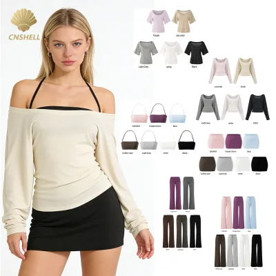 Womens Casual Daily Cover T Shirt Halter Tank Top Fold Waist Pants String Waist Straight Pant Skirts Sets Women 6 Pieces Set