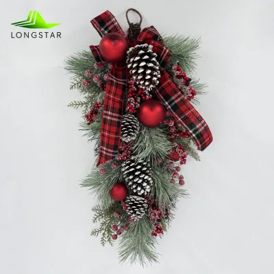 Hot-selling Artificial Christmas Teardrop Swag with Pinecones Pine Branch Red Berry Wreath for Christmas Holiday