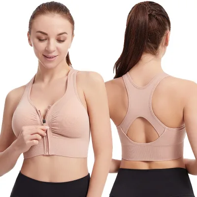 Women Plus Size Front Zipper Racerback Hollow Out Shockproof Running Yoga Sports Bra