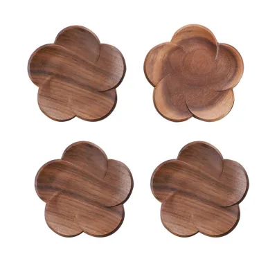 Luxury 4 Pieces Flower Shape Solid Wood Tea coaster Set Blank Wood Coasters