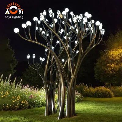 Multi Branch Metal Tree Christmas Landscape Light Sculpture with Mixed Round and Square Lamp Shades for Park Scenic Spot