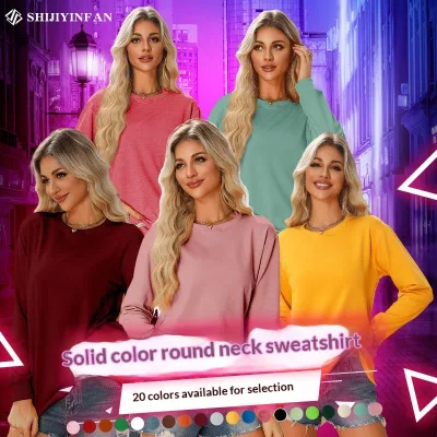 Large Stock Available Spring Solid-color Crew-neck Pullover Long-sleeve Hoodie Loose-fit Women's Cotton Blend