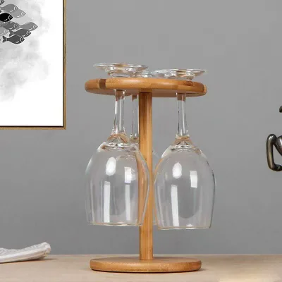 Solid Wood Bamboo Wine Bottle and Glass Holder Foldable Tabletop Display with 306 Degrees Turn Base
