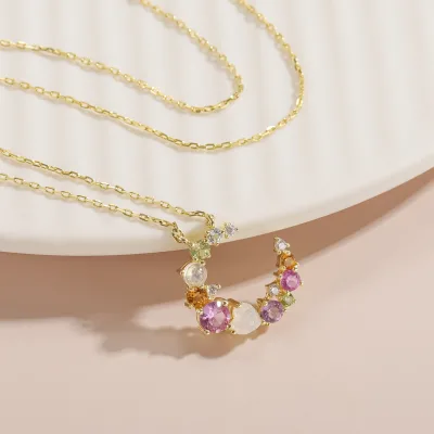 Abiding Crafted Jewelry 925 Sterling Silver Gold Plated Multicolor Gemstone Moon Necklace with Asymmetric Cluster Design