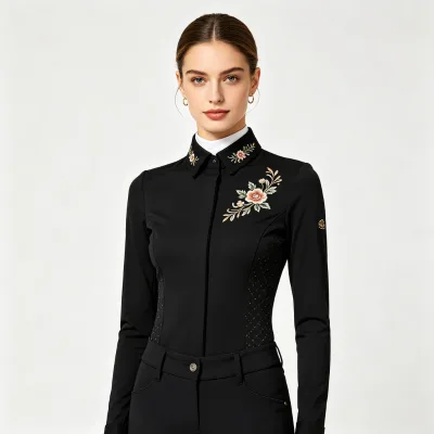 Women's Black Embroidered Polo Floral Pointed Collar Mesh Panel Long Sleeve Show Shirt OEM Custom