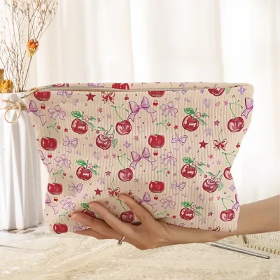 Hot Sale Women Daily Outdoor Small Corduroy Pouch Cosmetic Bags Cute Cherry Travel Lipstick Makeup Bag With Zipper