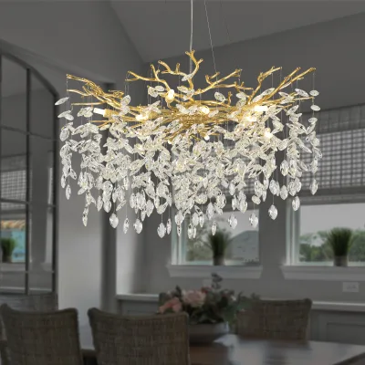 Modern Crystal Chandelier, Round Chandeliers for Dining Room Gold Tree Branches Chandelier Lighting