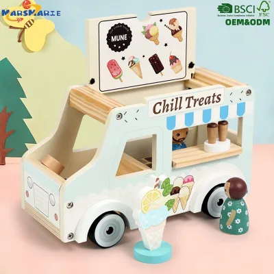 High Quality New Montessori Early Educational Wooden Children Kids Role Play Car Toy Pretend Play Ice Cream Truck for Toddler
