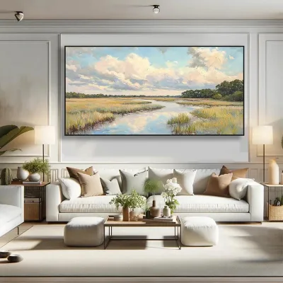 Cloudbreak Marsh Serene River Marsh Landscape Painting Abstract Framed Decorative Arts Home Hotel House Decoration Interior