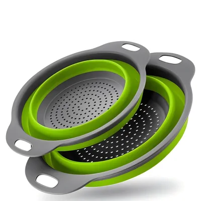Stocked Kitchen Collapsible Strainer Basket Round Storage Vegetable and Fruit Colander Set