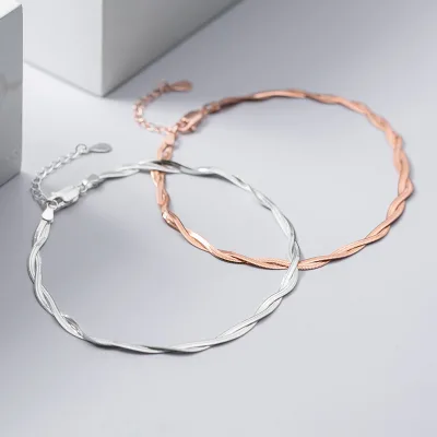 Daidan Rose Gold Bracelet Flat Snake Double Layered Wrap Sterling Silver Snake Chain Anklets