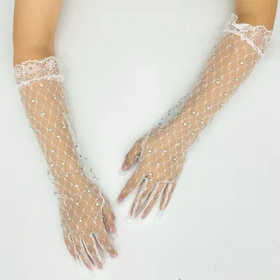 Lady Mesh Lace Satin Gloves Dance Performance Black Satin Fabric Crystal Gloves Wedding Bridal Party Dress Gloves