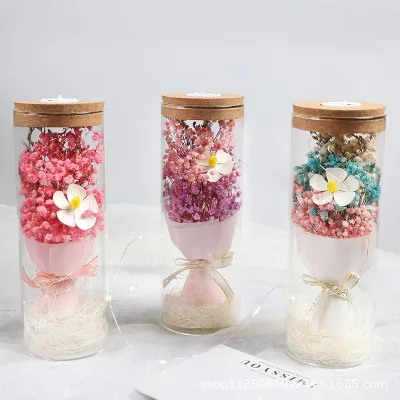 Mini Preserved Flower Bouquet Home Office Desk Dried Flower Arrangement Decors With Small Glass Tube