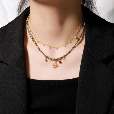 Handmade Bohemian Style Beaded Star Pendant Necklace with Natural Colored Stones Gold Plated Link Chain Fashionable Accessory