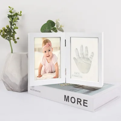 Handprint Footprint Photo Frame for Baby's First Anniversary Double Wood Frame Folding Hinge Paw Print Design for Commemoration